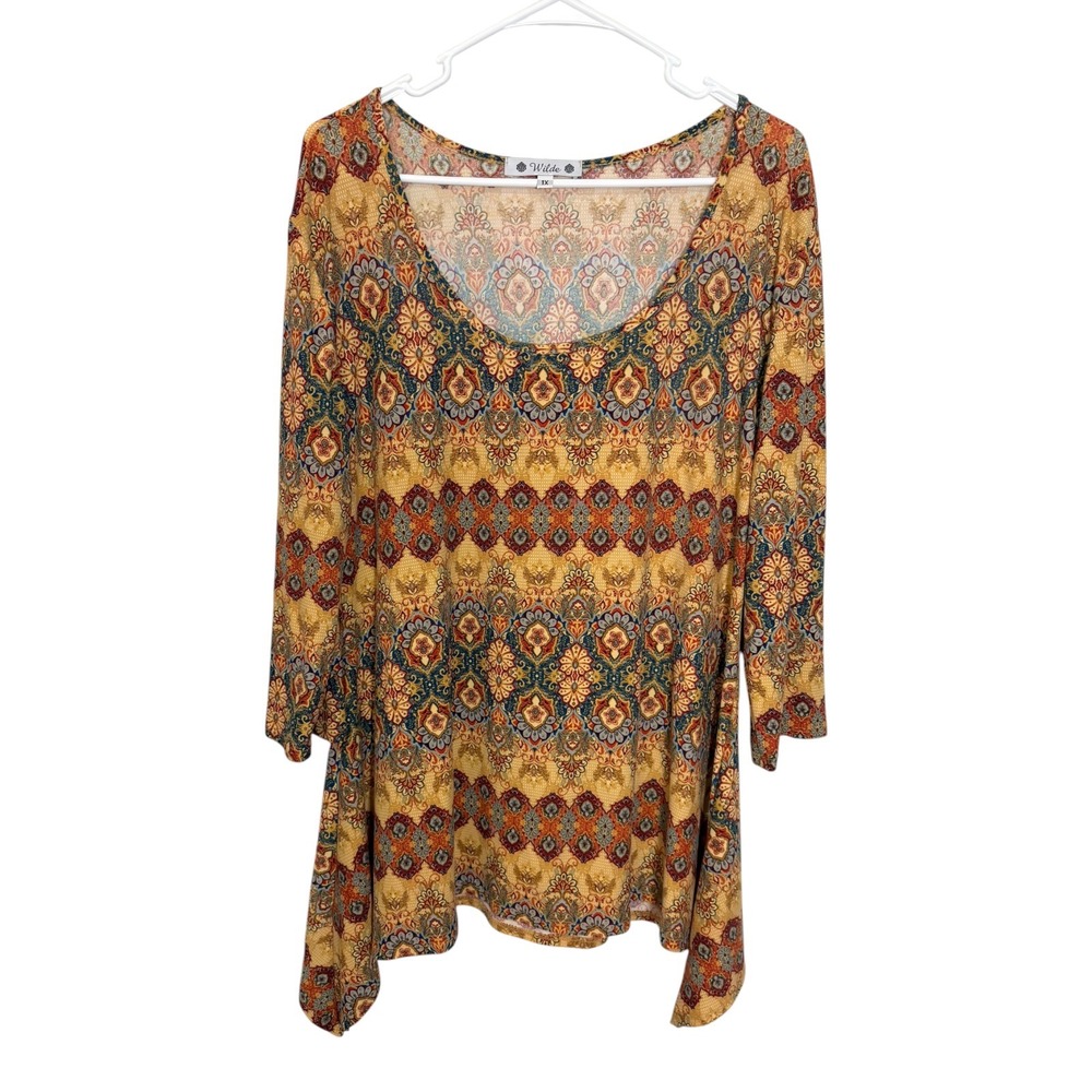 Wilde 1X Orange Paisley Medallion Tunic Sharkbite Hem Boho Peasant Top